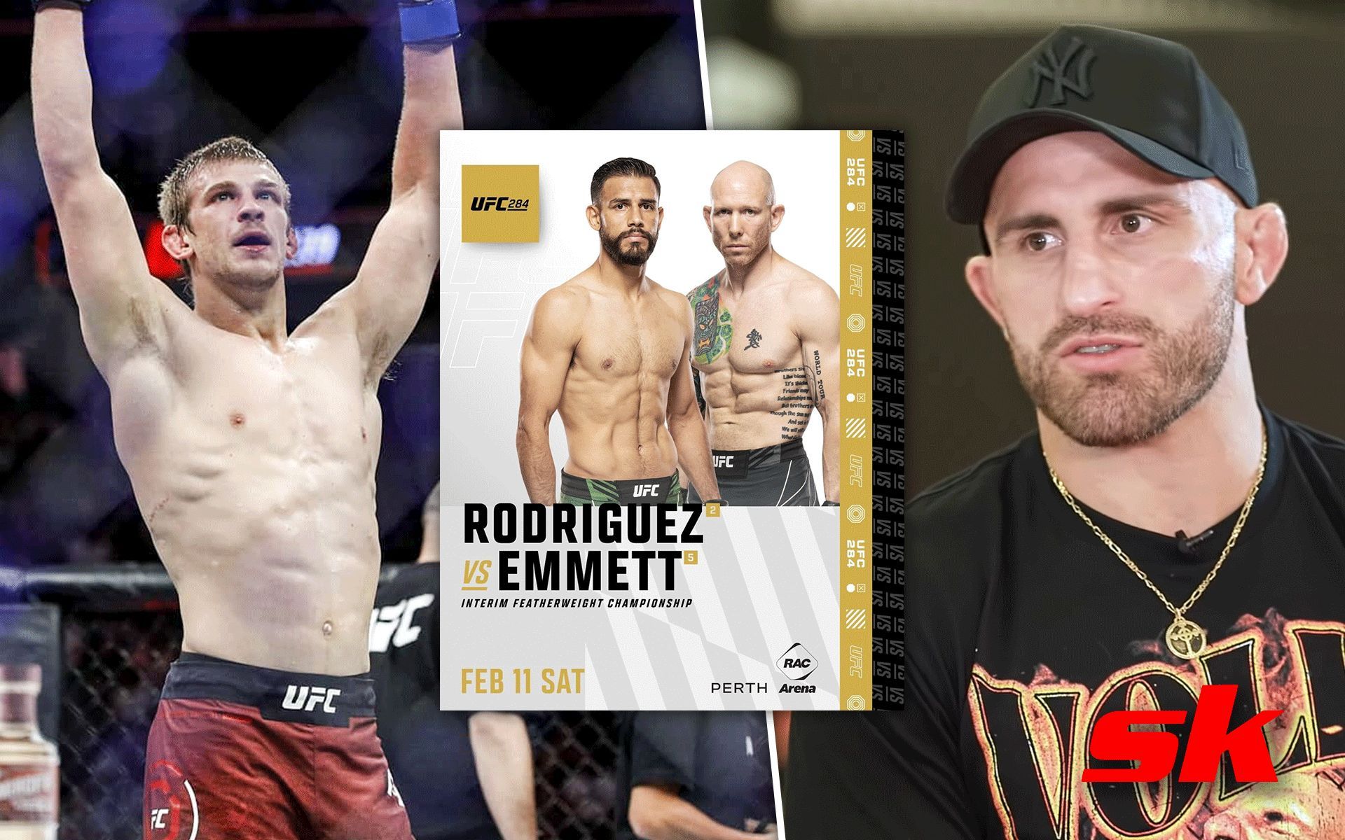 Arnold Allen (Left), Yair Rodriguez vs. Josh Emmett poster (Middle), Alexander Volkanovski (Right) [Image courtesy: BTSport on YouTube, @ufc and @arnoldbfa on Instagram]