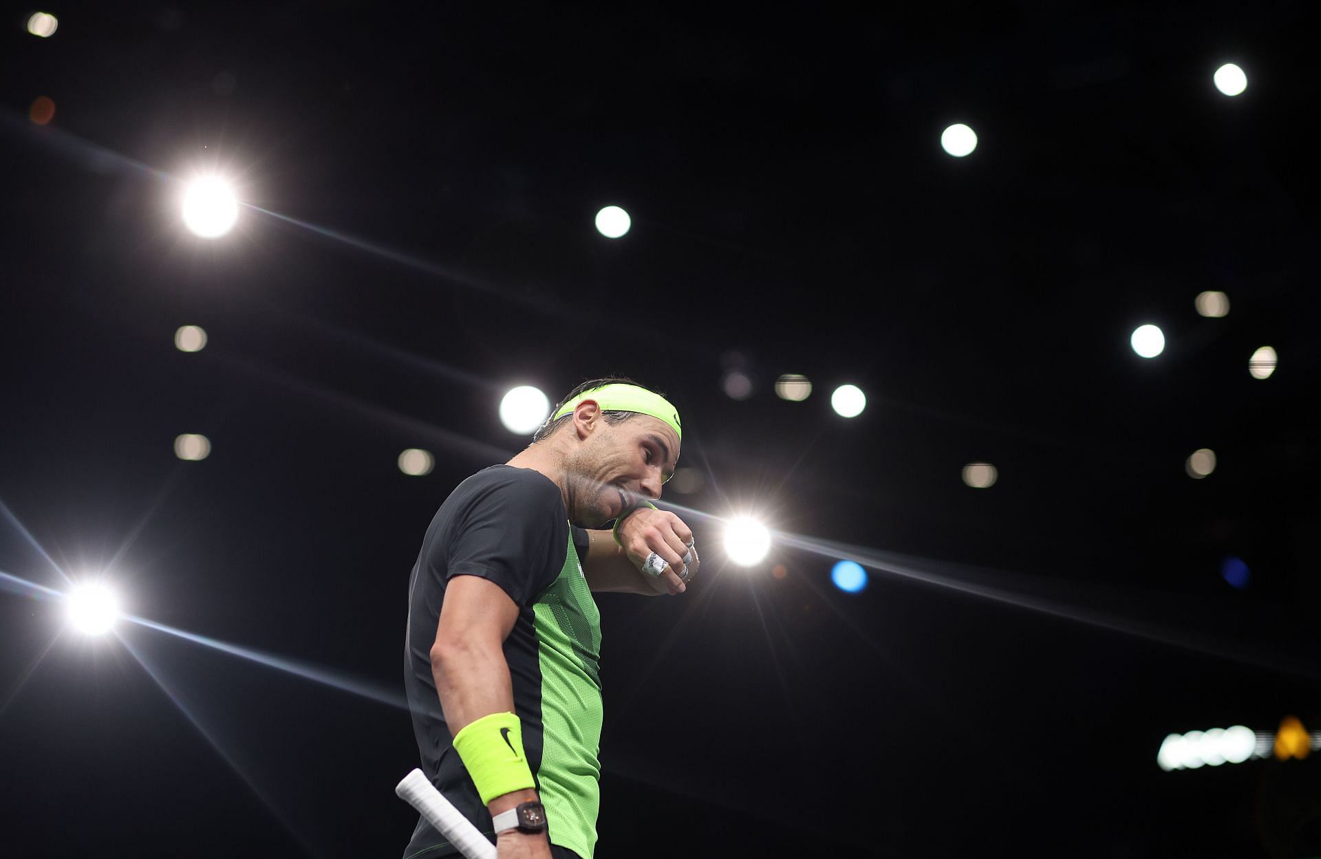 Rafael Nadal reacts during his match against Tommy Paul at the 2022 Paris Masters.