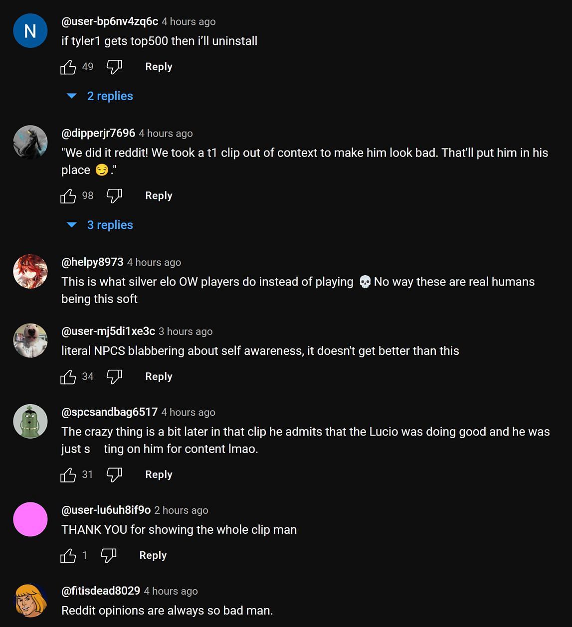 Fans in the YouTube comments section reacting to the streamer&#039;s clip (Images via Daily Tyler1 Clips/YouTube)