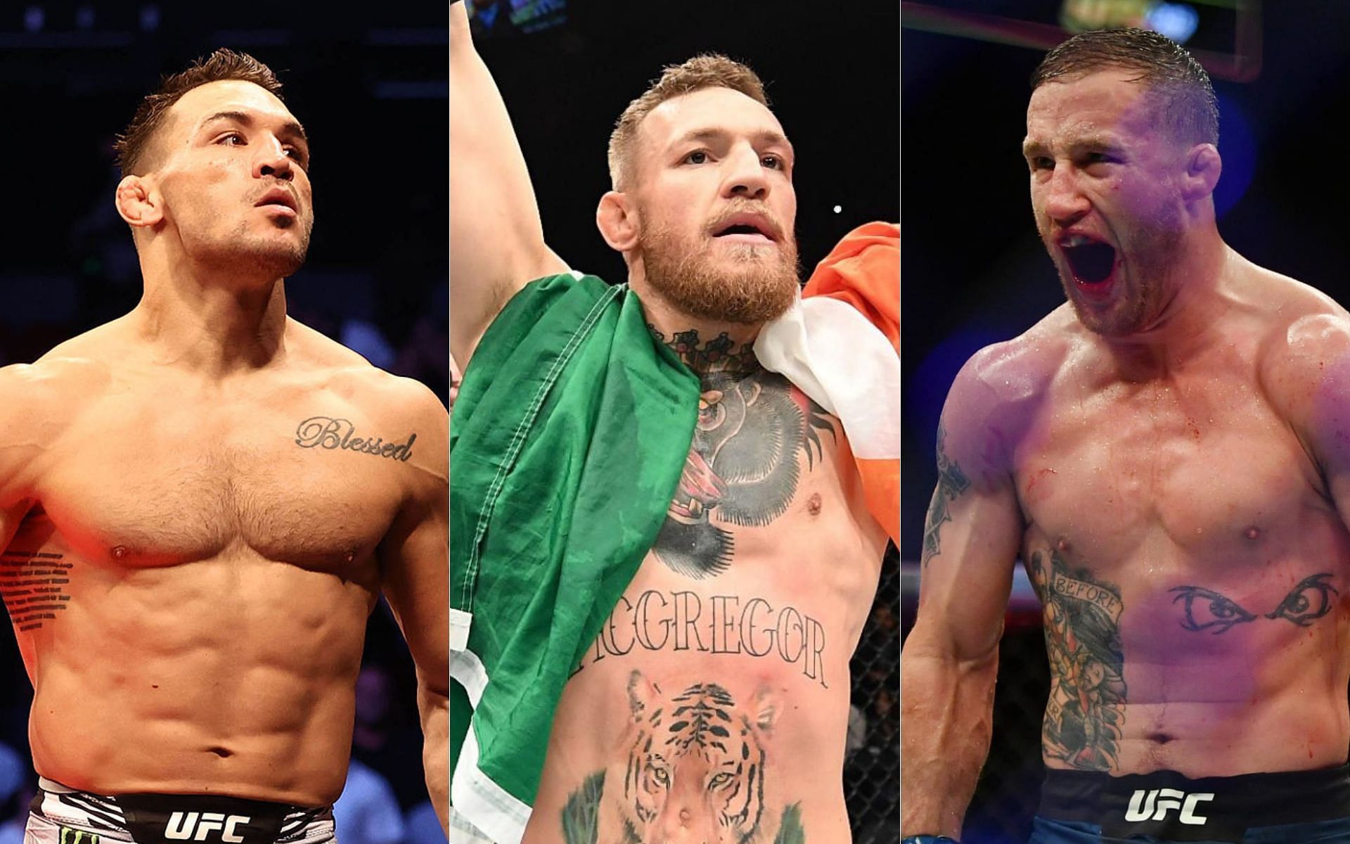 Michael Chandler (left), Conor McGregor (centre), Justin Gaethje (right)