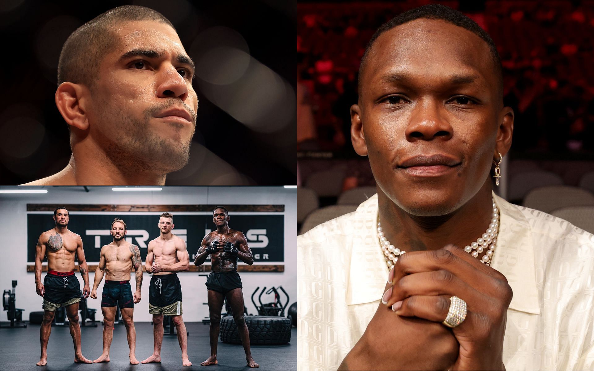 Alex Pereira (Top Left); Ulberg, Riddell, Hooker, and Adesanya (Bottom Left); Israel Adesanya (Right) [Image courtesy: bottom left image via @stylebender Instagram; top left and right images via Getty Images]