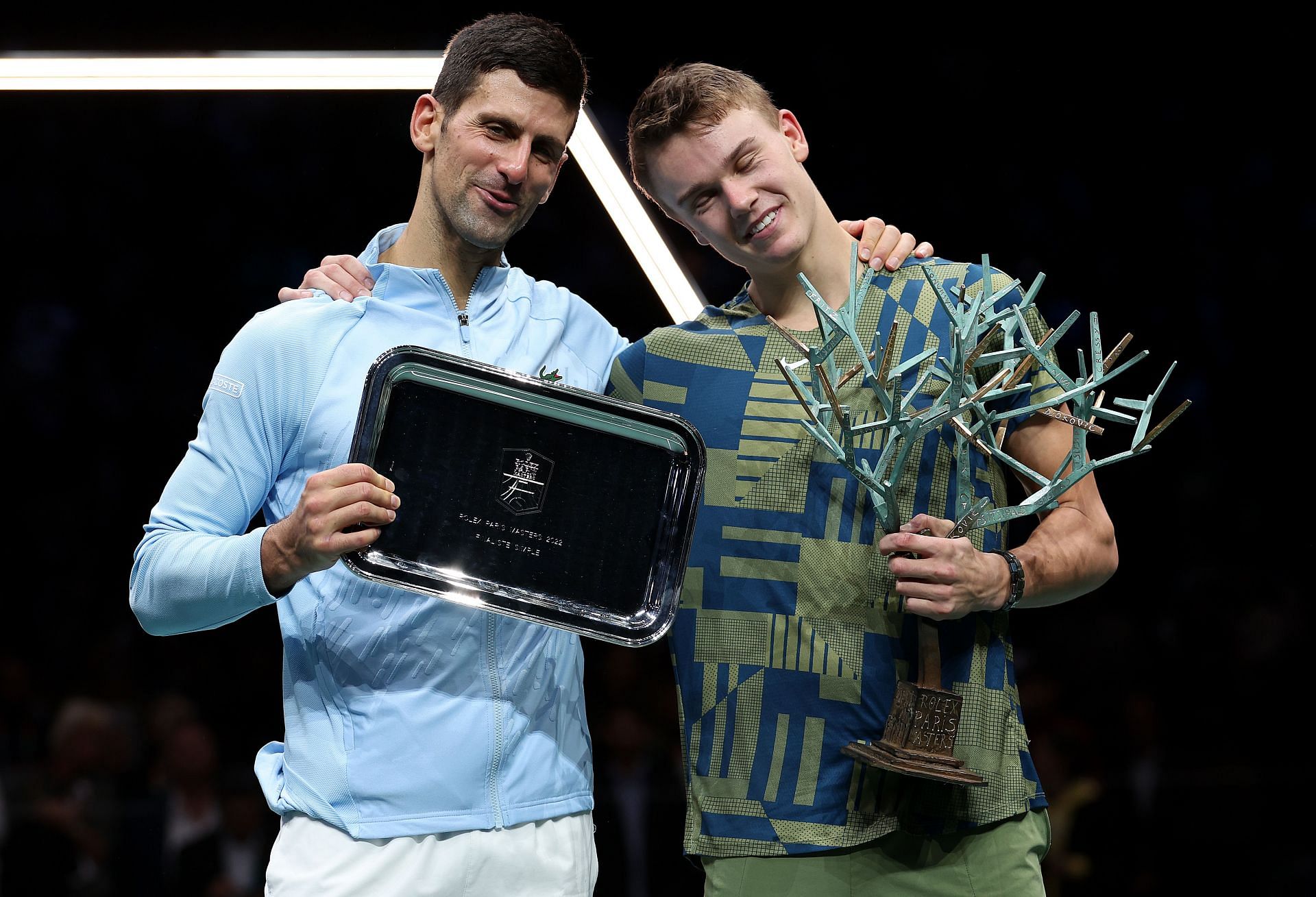 Novak Djokovic and Holger Rune after the Paris Masters final