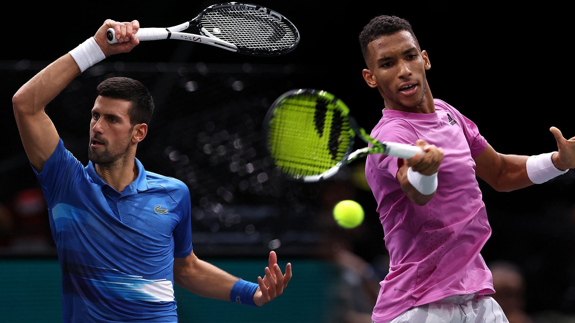 Novak Djokovic (L) and Felix Auger-Aliassime in action at the Rolex Paris Masters.