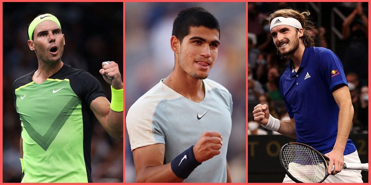 (From L) Rafael Nadal, Carlos Alcaraz, and Stefanos Tsitsipas.