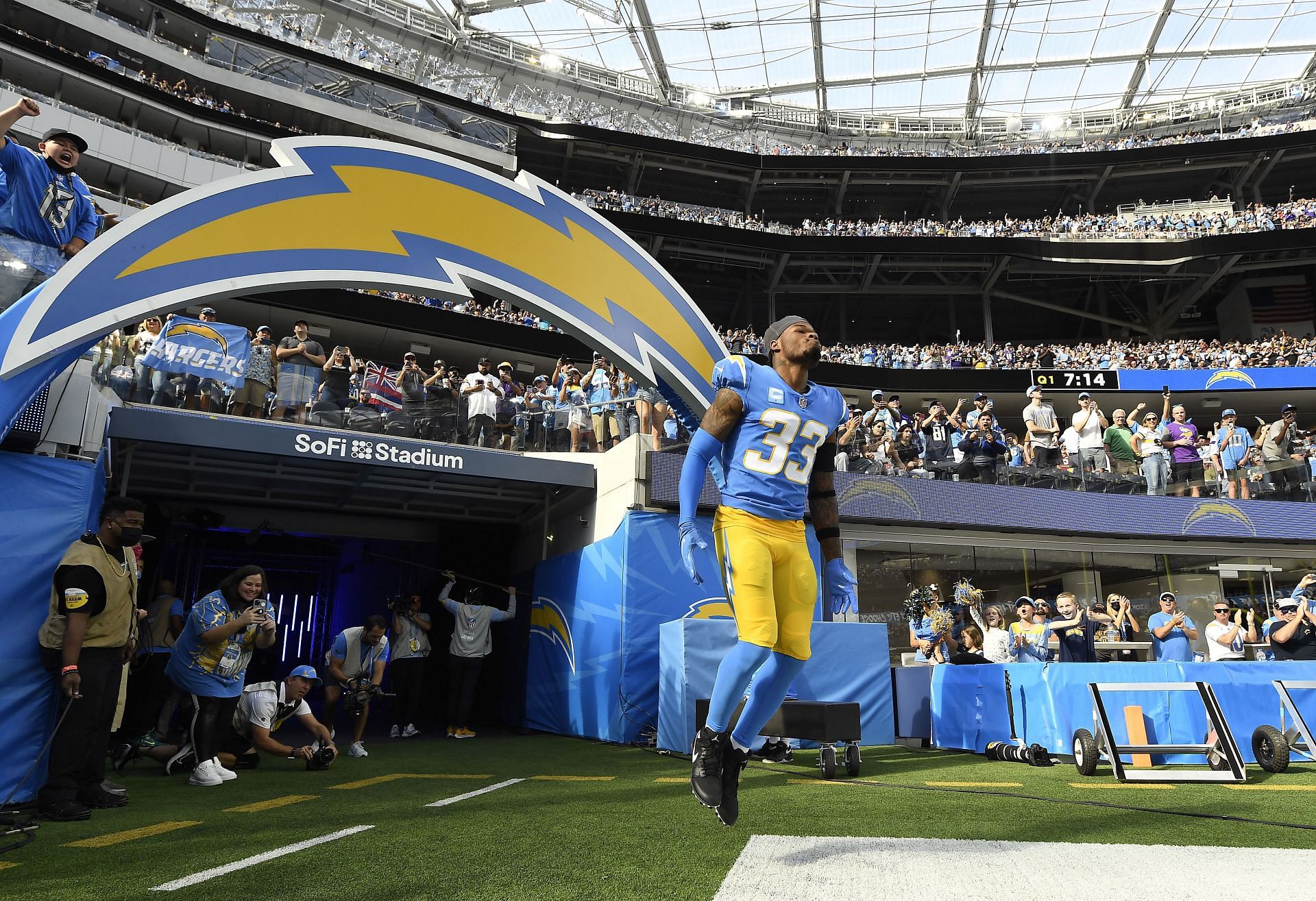 Derwin James of the Los Angeles Chargers takes the field before a game