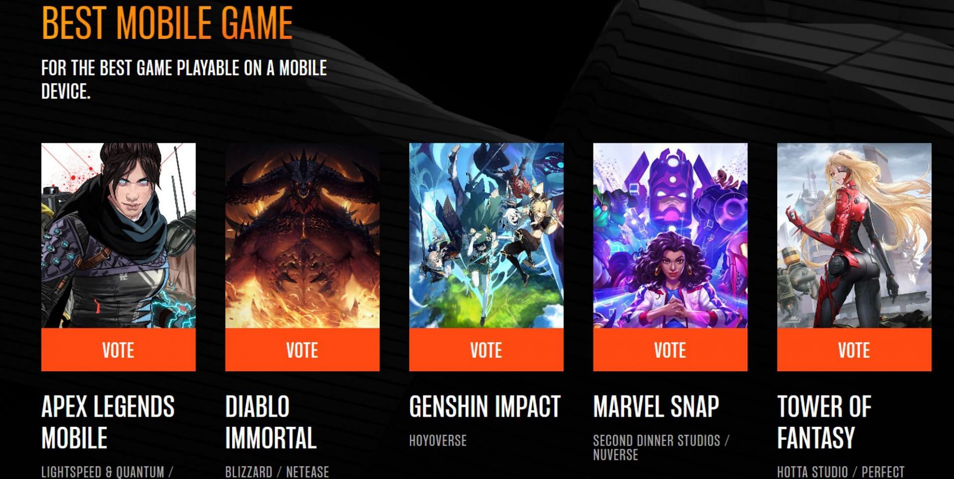 The Best Mobile Game category (Image via TGA)