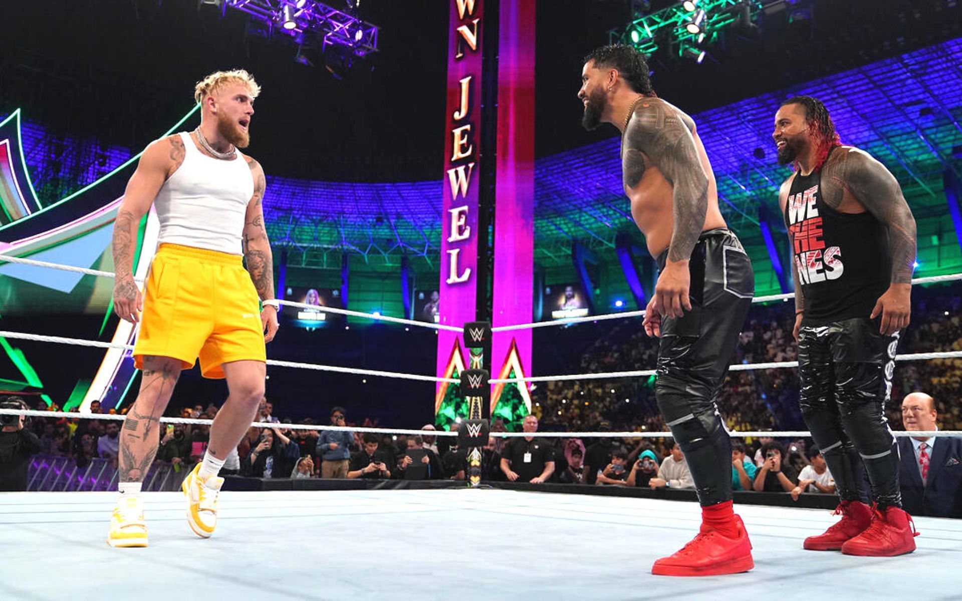 Jake Paul vs The Usos at WWE Crown Jewel [Image courtesy: WWE]