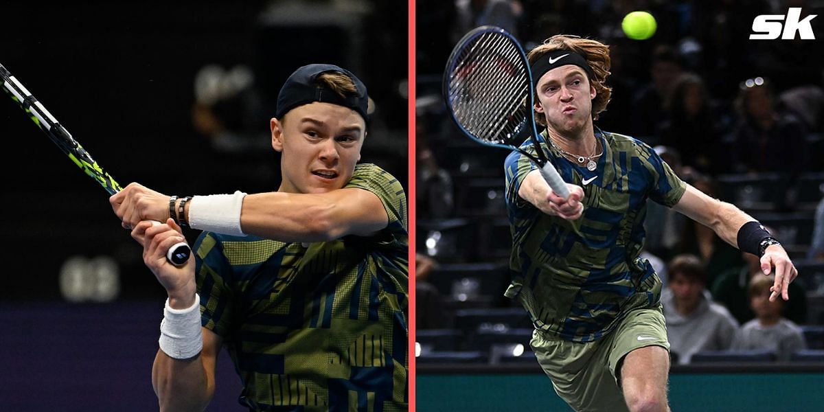 Holger Rune (L) and Andrey Rublev