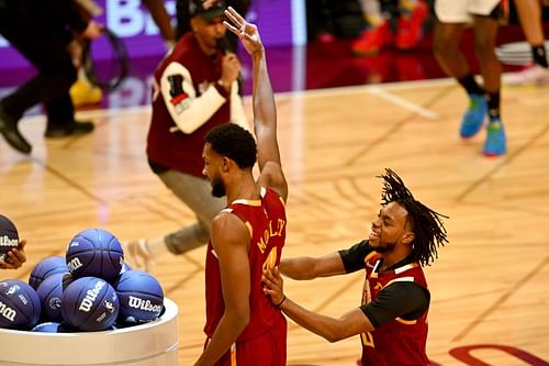 Evan Mobley and Darius Garland of the Cleveland Cavaliers