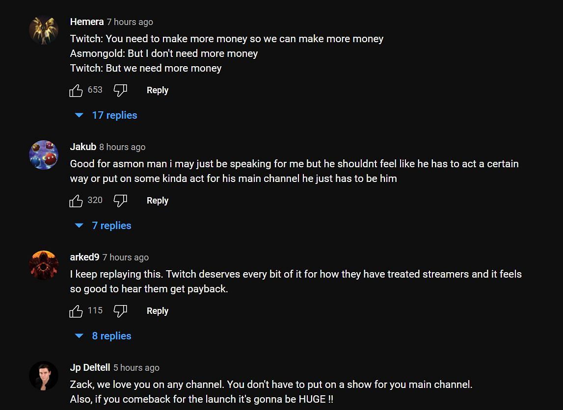 Comments commending the streamer (Image via Asmongold Clips/ YouTube)