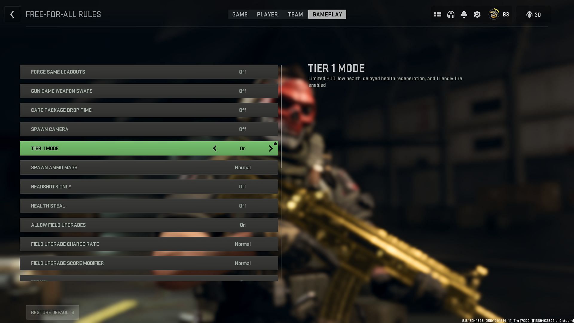 Enabling Tier 1 mode in Private Match (Image via Activision)