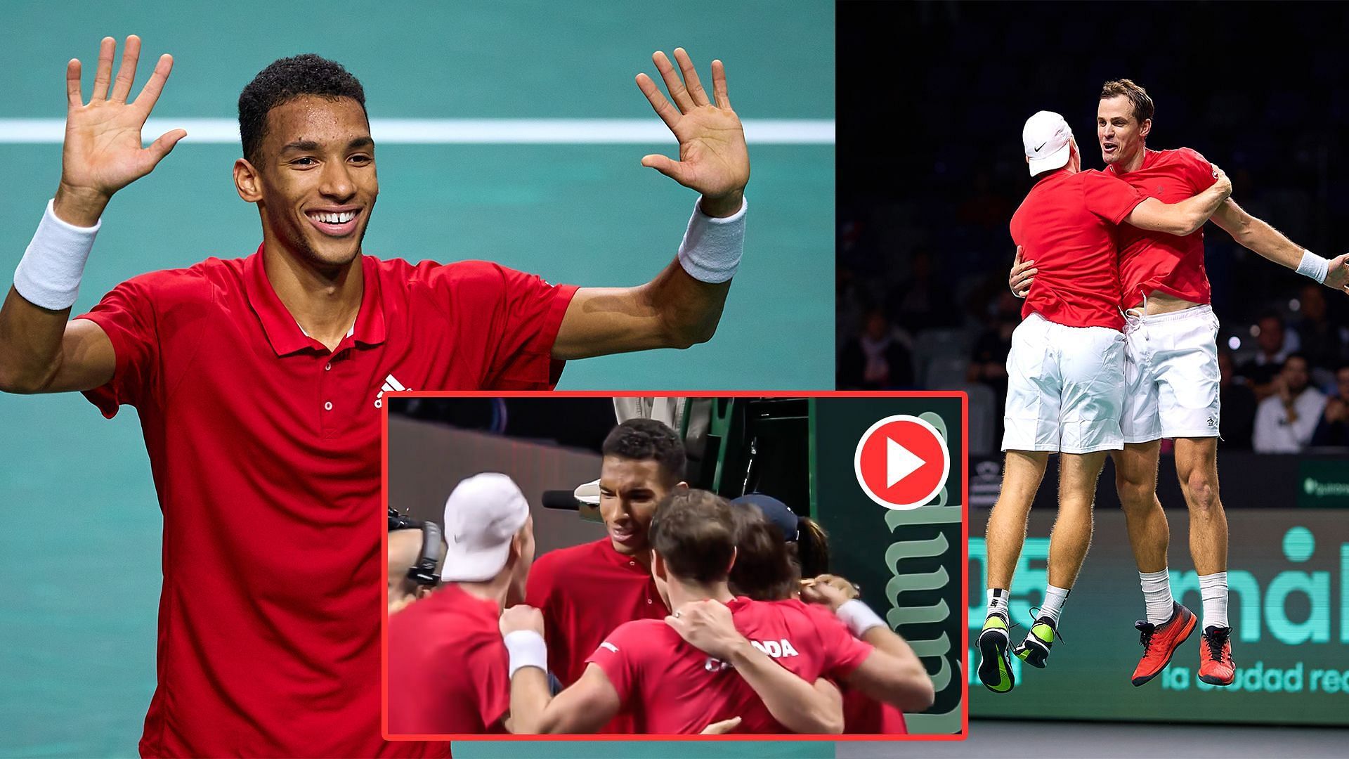 Team Canada celebrates their victory over Germany in the Davis Cup Finals