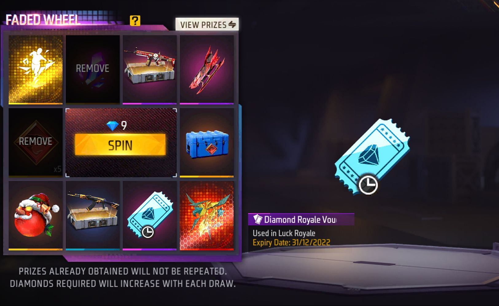 The first spin in the recently started Faded Wheel only costs 9 diamonds (Image via Garena)