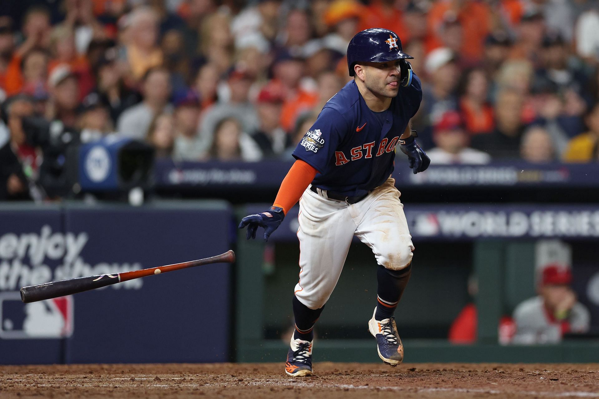 Jose Altuve hits a single against the Philadelphia Phillies in the 2022 World Series at Minute Maid Park