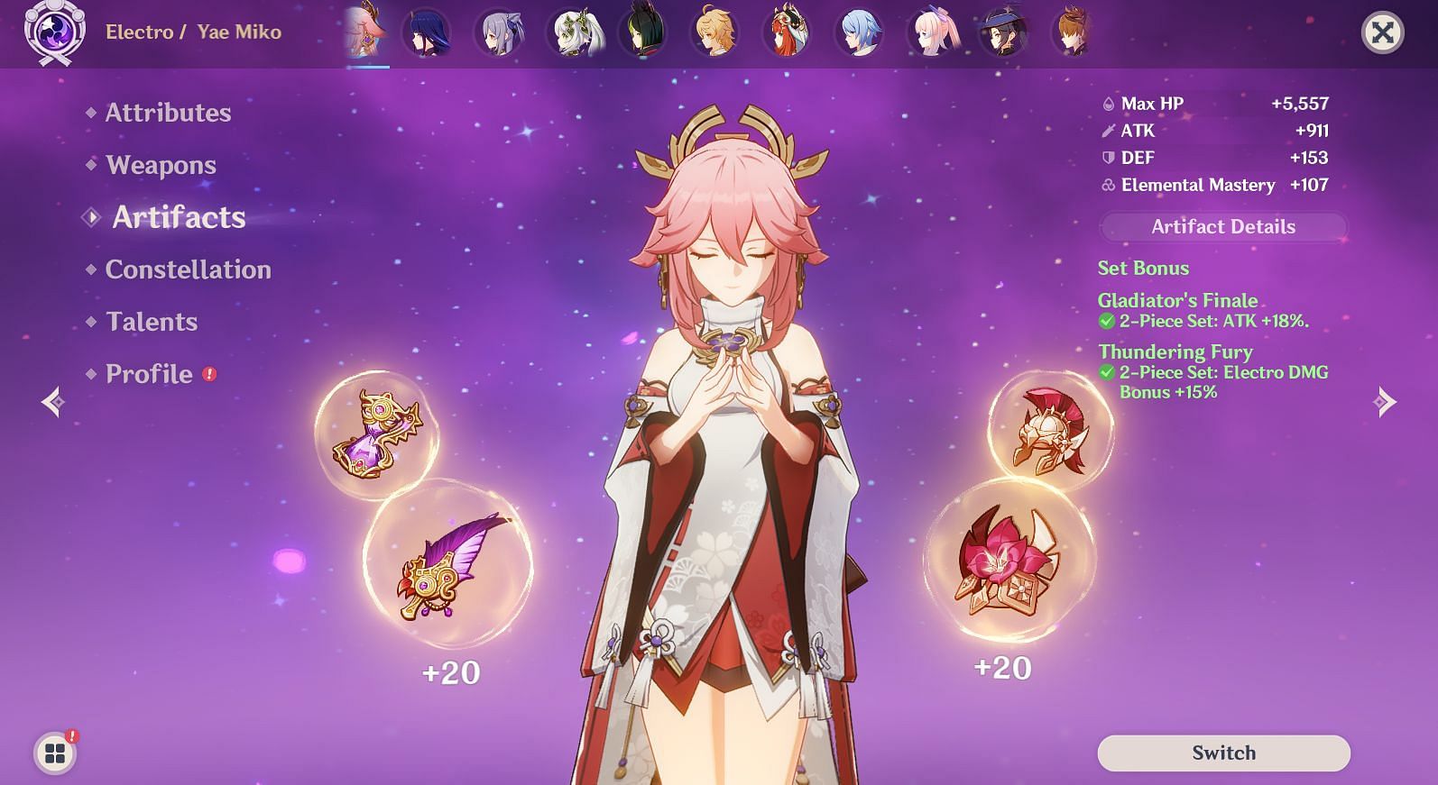 Miko&#039;s artifact section (Image via HoYoverse)