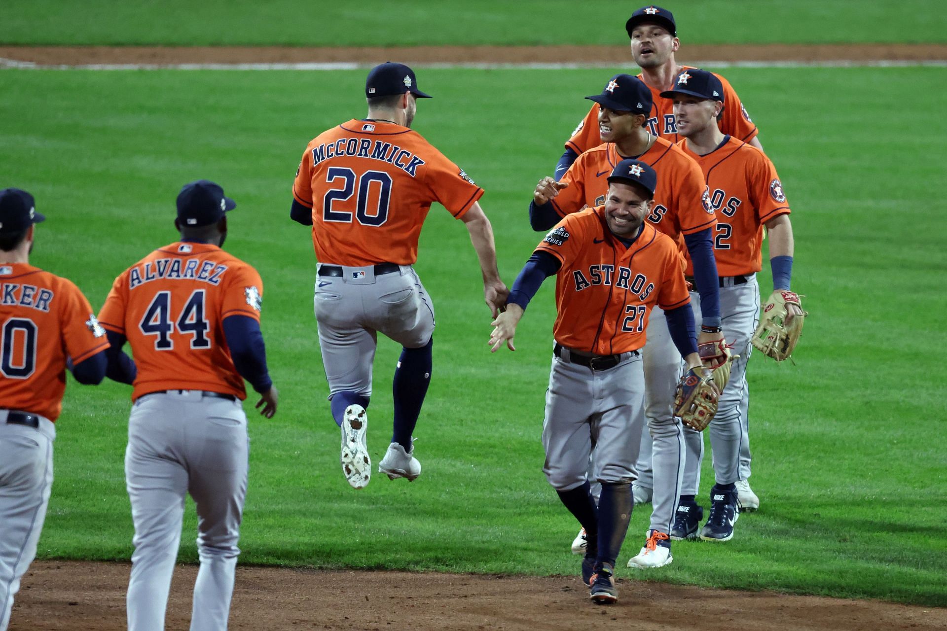 Chas McCormick of the Houston Astros celebrate after defeating the Philadelphia Phillies 3-2 in Game Five
