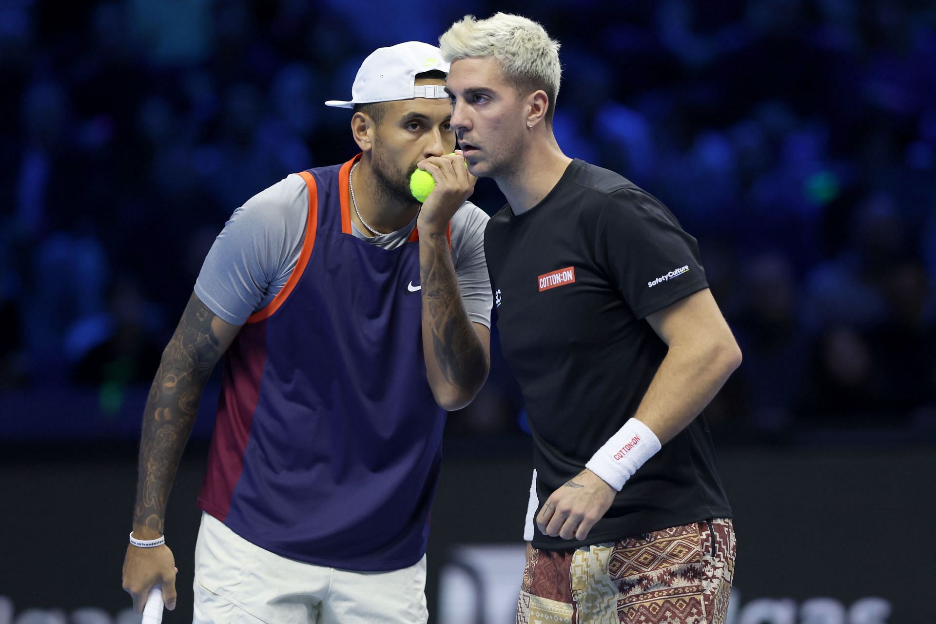 Nick Kyrgios and Thanasi Kokkinakis during their match against Nikola Mektic and Mate Pavic at the 2022 ATP Finals