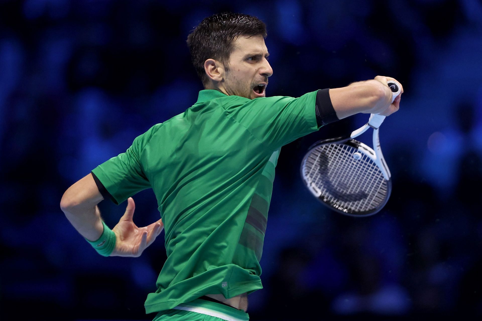 Novak Djokovic in action at the ATP Finals in Turin.
