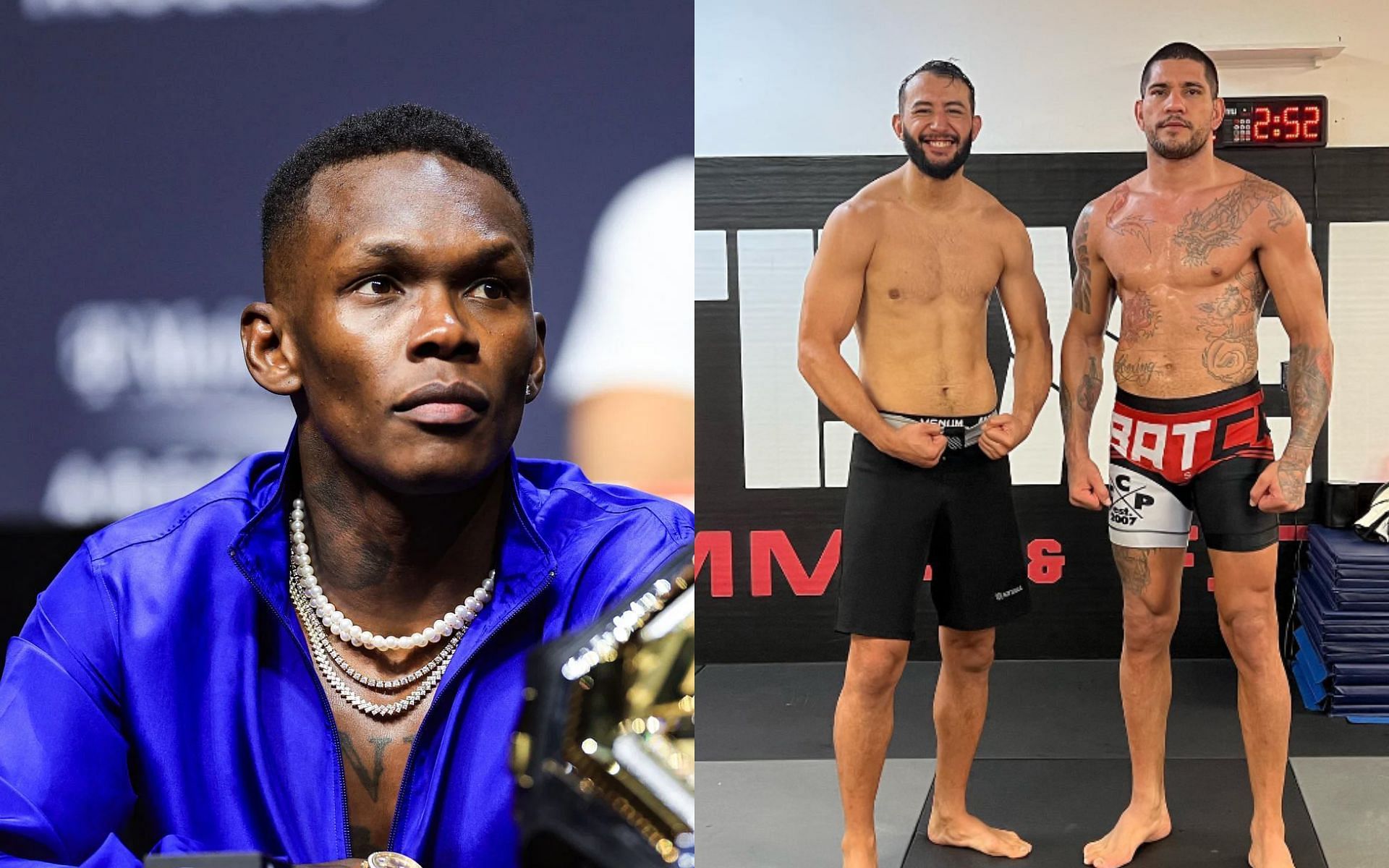 Israel Adesanya (left) and light-heavyweight Dominick Reyes with middleweight Alex Pereira (right)