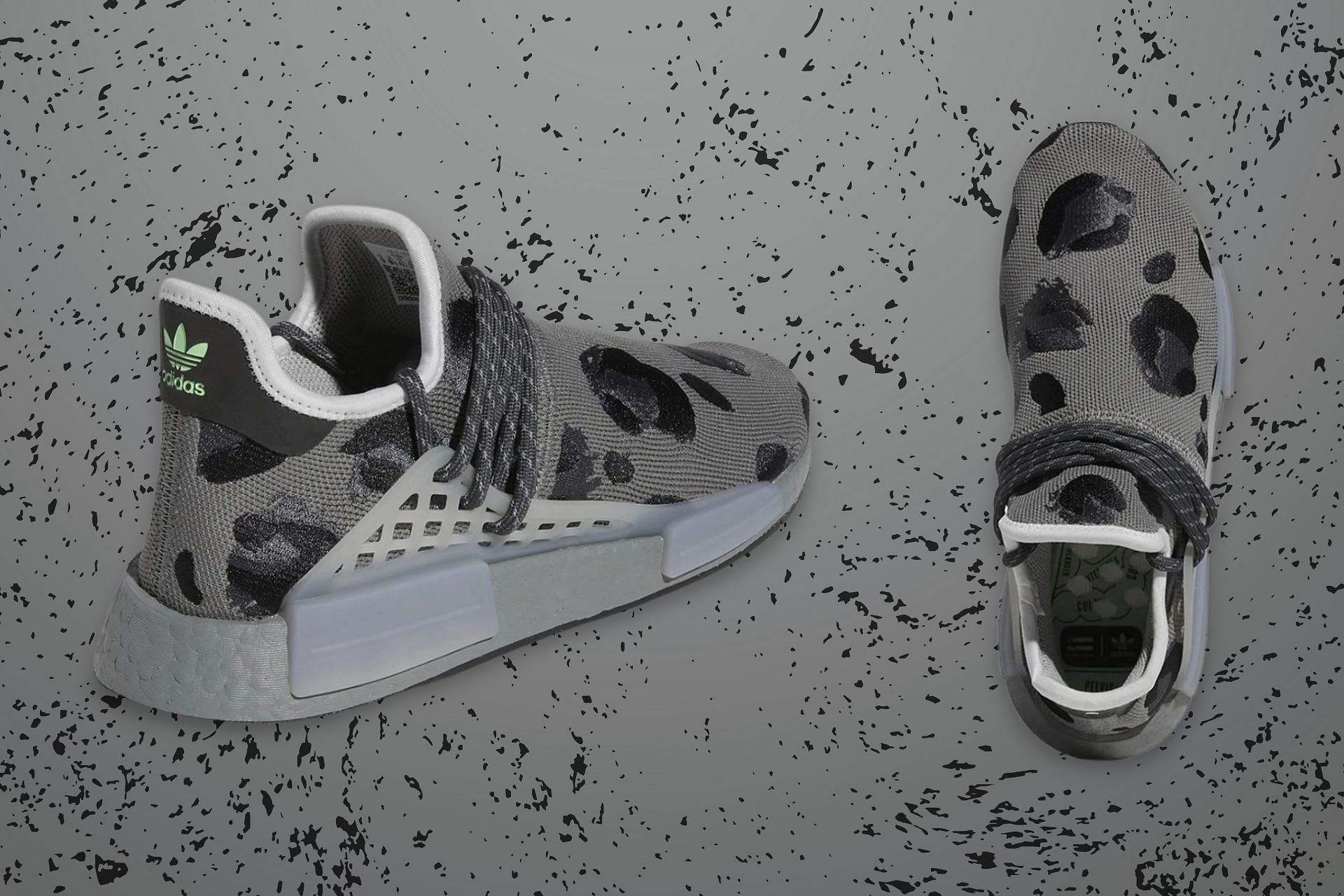 Take a closer look at the upcoming Pharrell Williams x Adidas Hu NMD Grey Animal Print shoes (Image via Sportskeeda)
