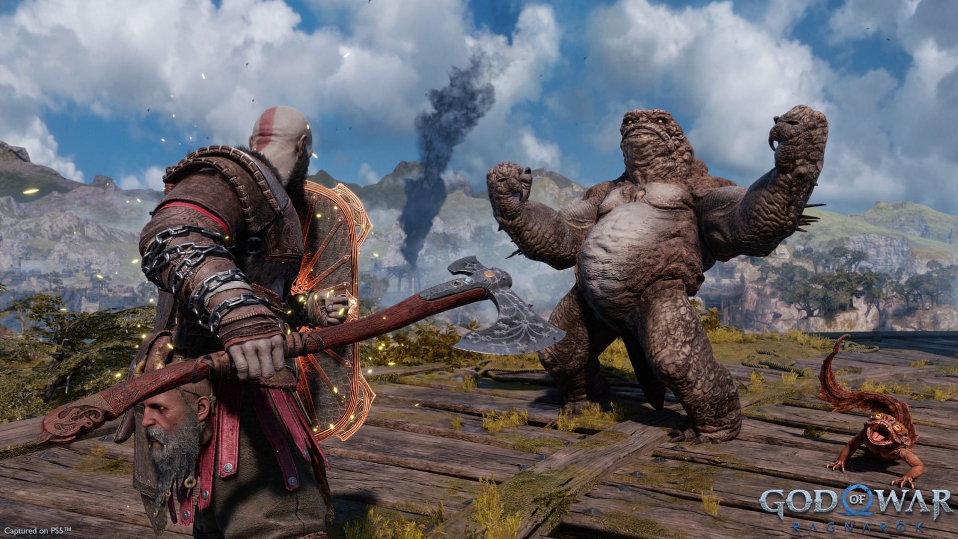 The Bergsra &quot;Mother&quot; accompanied by many of the tiny &quot;Wretch&quot; enemies can get overwhelming in the initial stretches of God of War Ragnarok (Image via PlayStation)