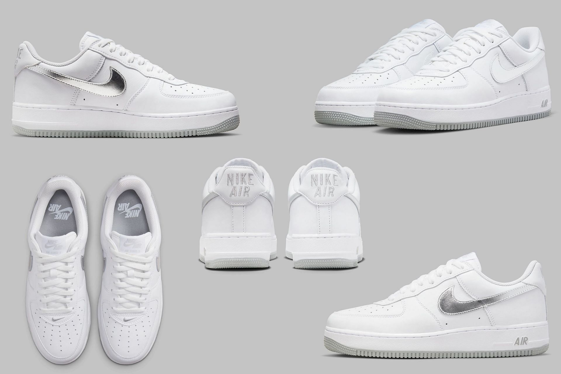 Here&#039;s a detailed look at the Nike Air Force 1 Low Metallic Silver shoes (Image via Sportskeeda)