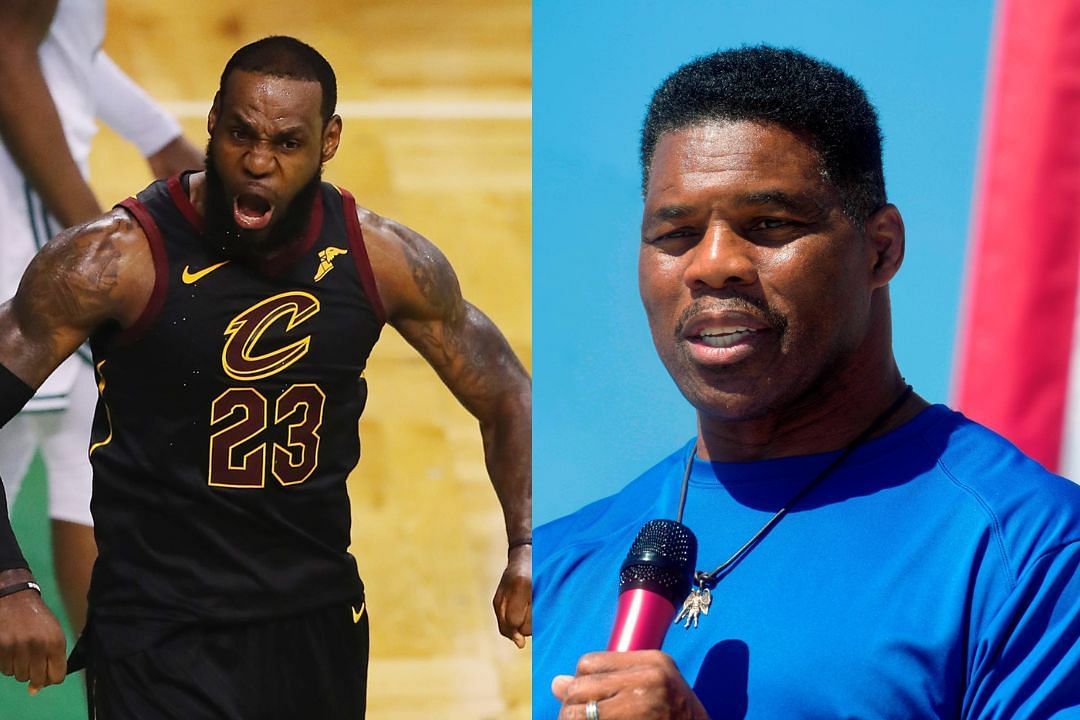 NBA superstar LeBron James w/ the Cavs in 2018 (l) and GOP Senate candidate Herschel Walker (r)