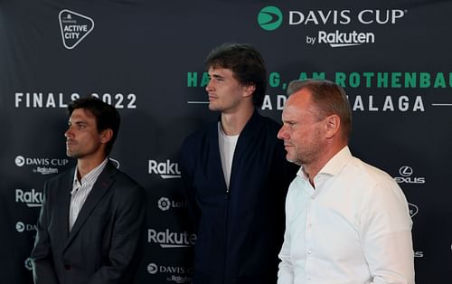 Tournament director David Ferrer and Alexander Zverev attend the Davis Cup Hamburg press conference