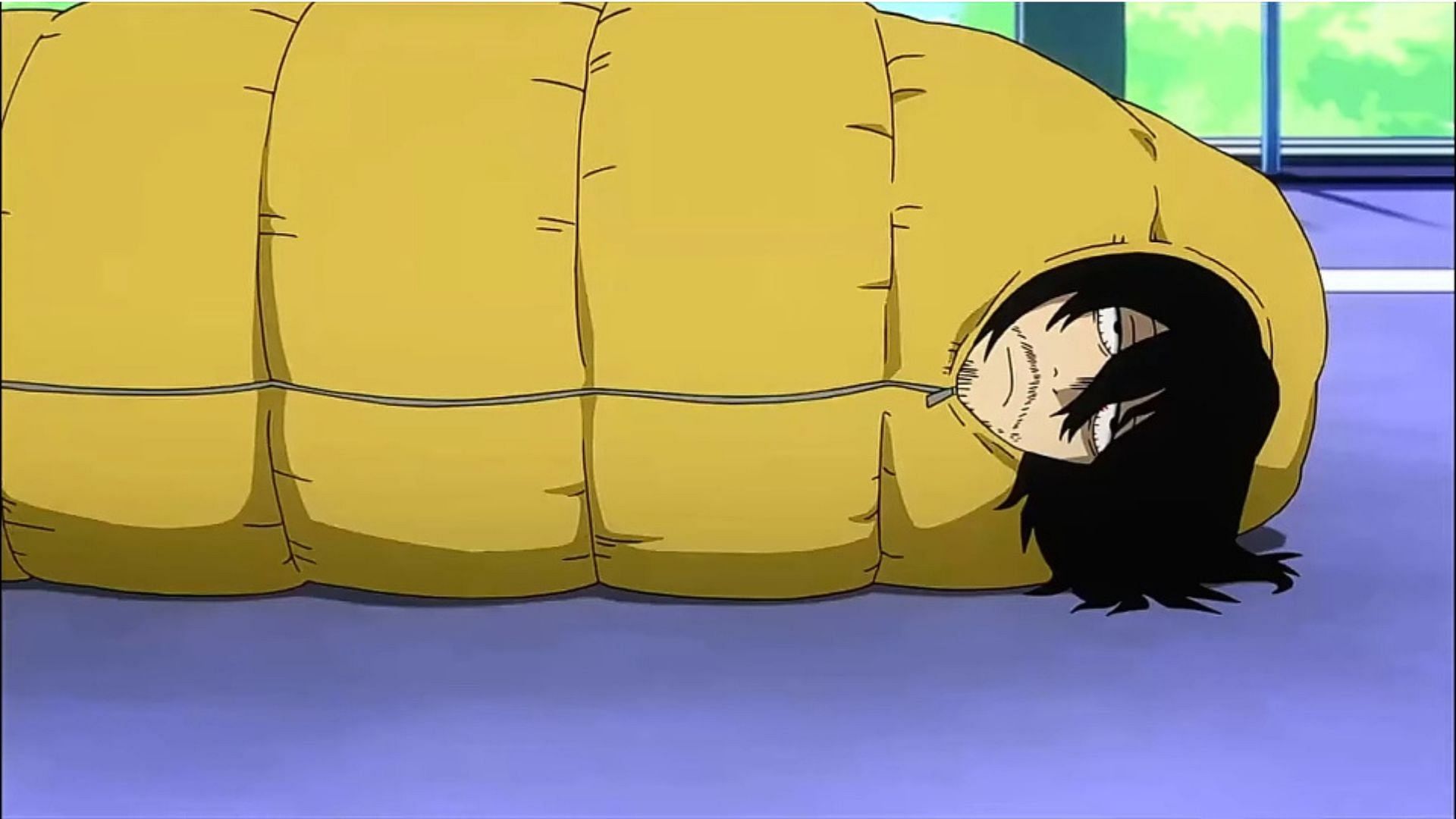 Aizawa in his sleeping bag (Image via Studio Bones)