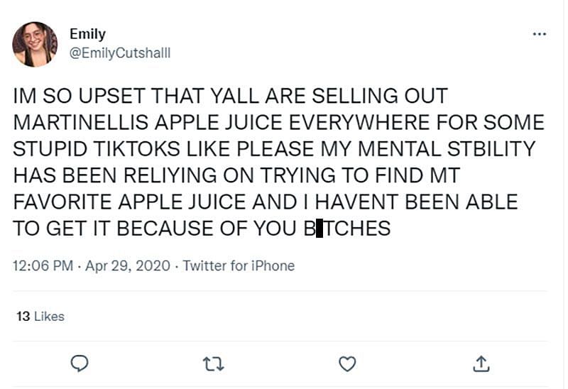 Image showing users reacting to the apple juice being sold out (Image via Twitter/ @EmilyCutshalll)