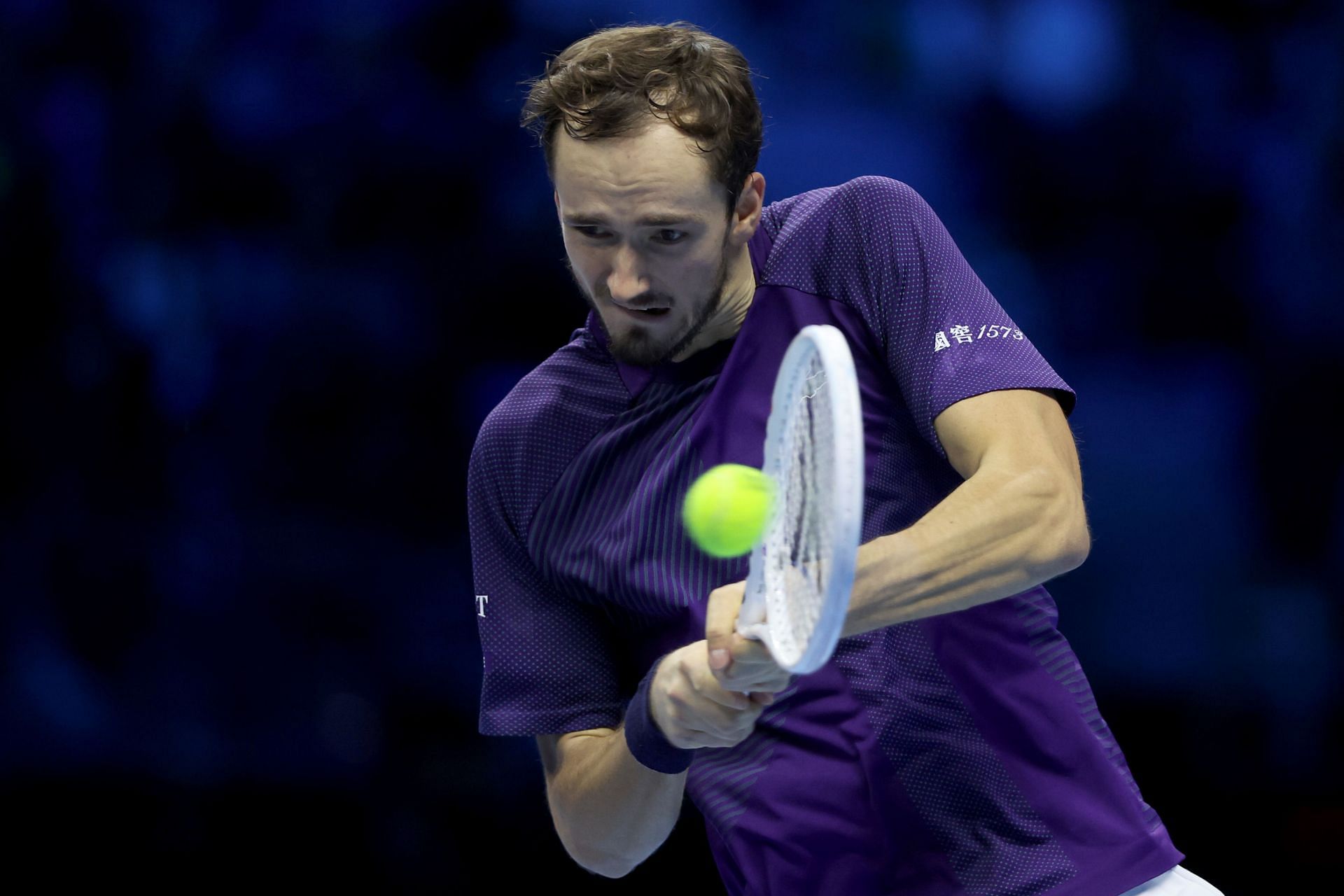 Daniil Medvedev in action against Andrey Rublev at the 2022 ATP Finals.