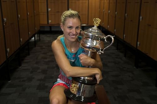 Angelique Kerber poses with her 2016 Australian Open title.