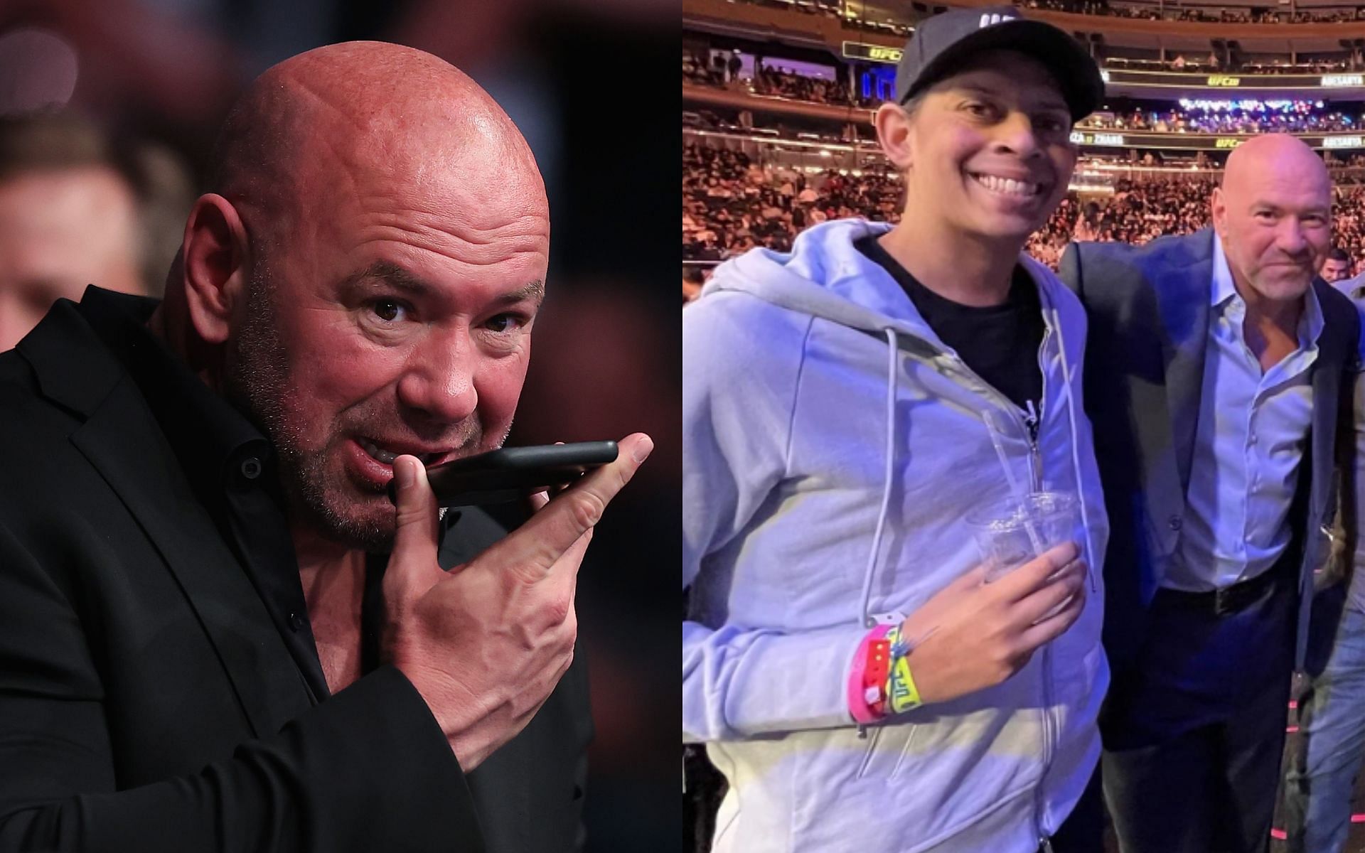 Dana White (left) and with the fan (right). [Images courtesy: left image from Getty Images and right image from Imgur @ifroodle]
