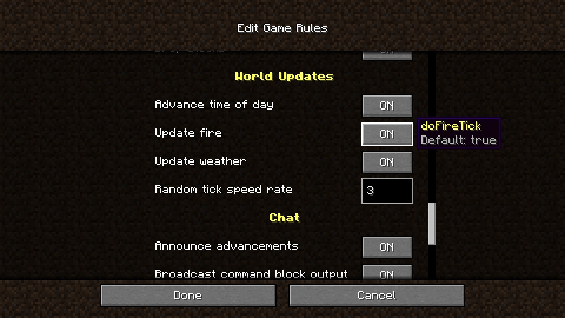 Toggle off the &#039;Update fire&#039; in game rules before creating a new Minecraft world (Image via Mojang)