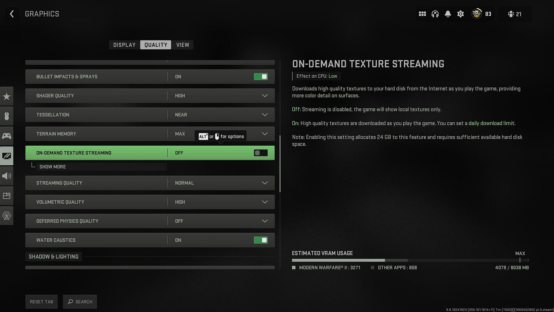 Turning off On-Demand Texture Streaming in Modern Warfare 2 (Image via Activision)