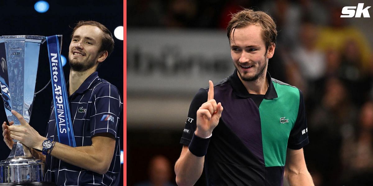 Daniil Medvedev with the 2020 ATP Finals trophy (L).