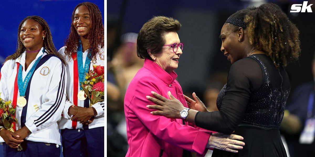 Serena Williams and Venus Williams at the Sydney Olympic Games (L); Serena Williams and Billie Jean King at the 2022 US Open (R).