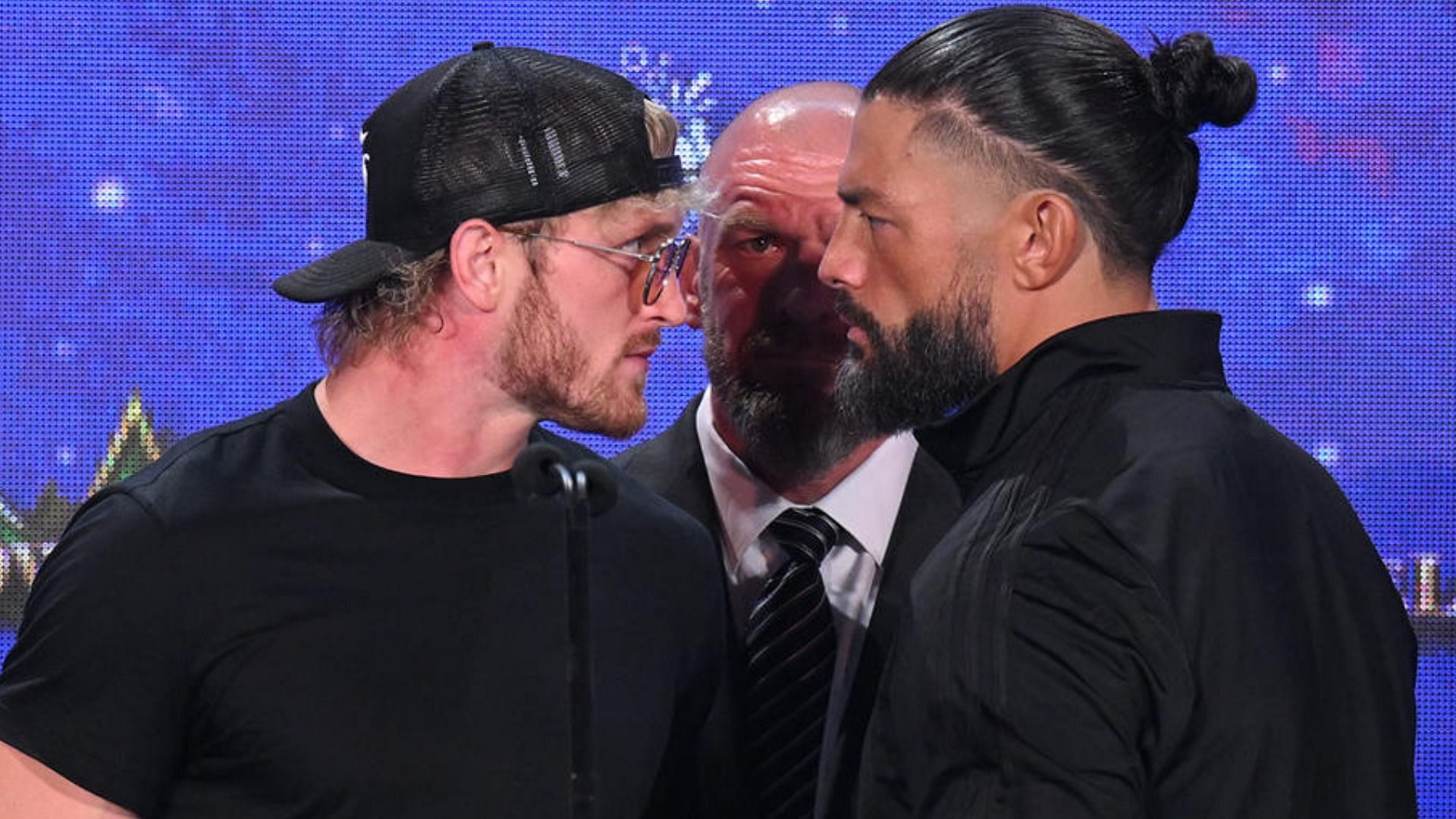 Roman Reigns and Logan Paul confront each other at WWE Crown Jewel press conference in Riyadh, Saudi Arabia on November 4, 2022.