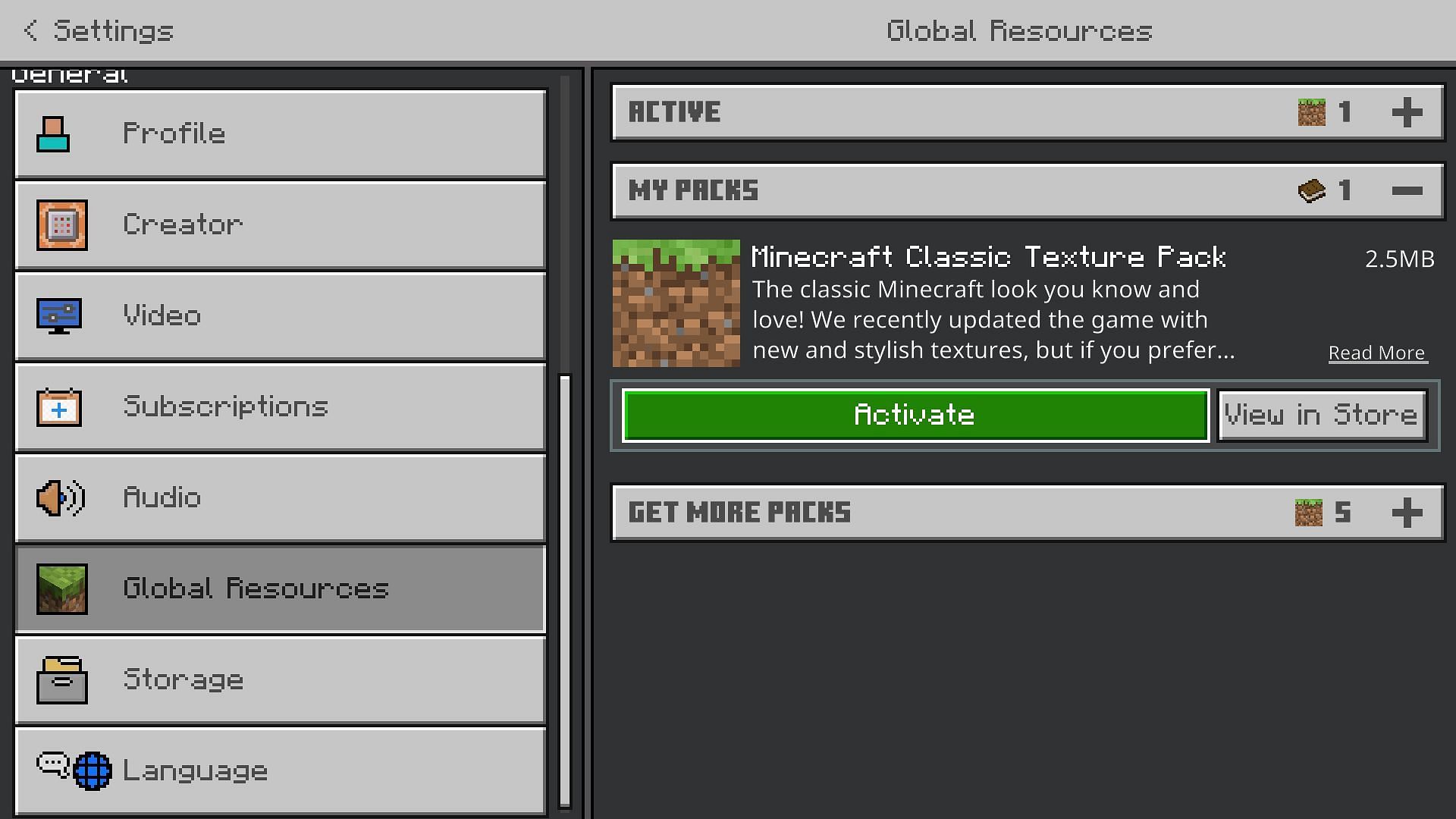 Activate the texture pack from the main settings in Bedrock Edition (Image via Mojang)