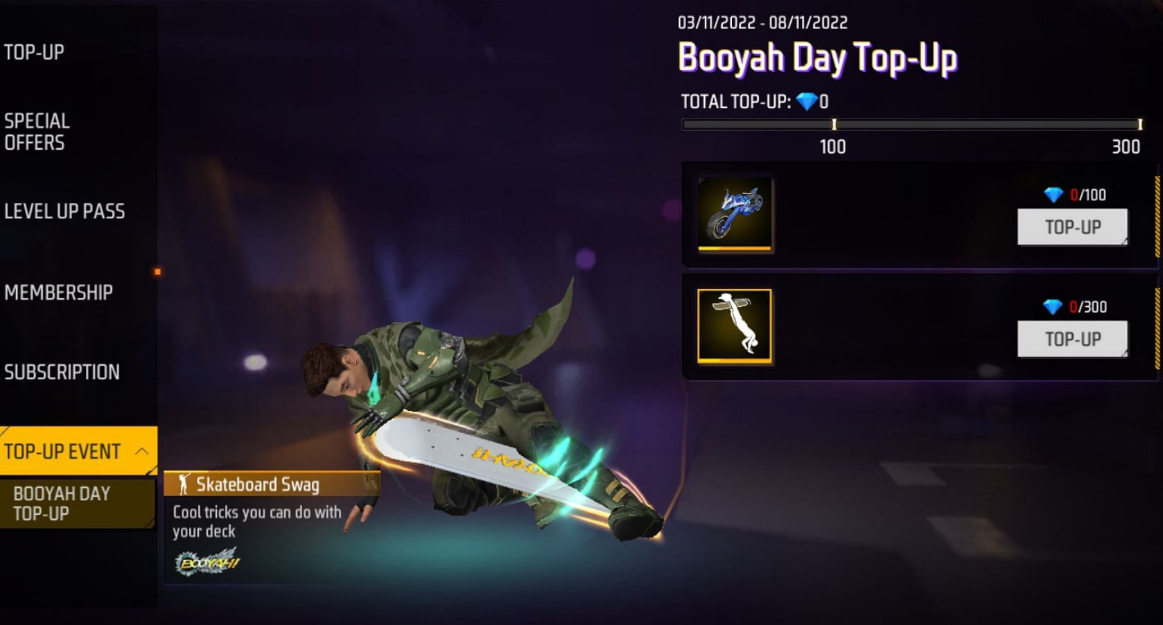 Rewards in the Booyah Day Top-Up event (Image via Garena)