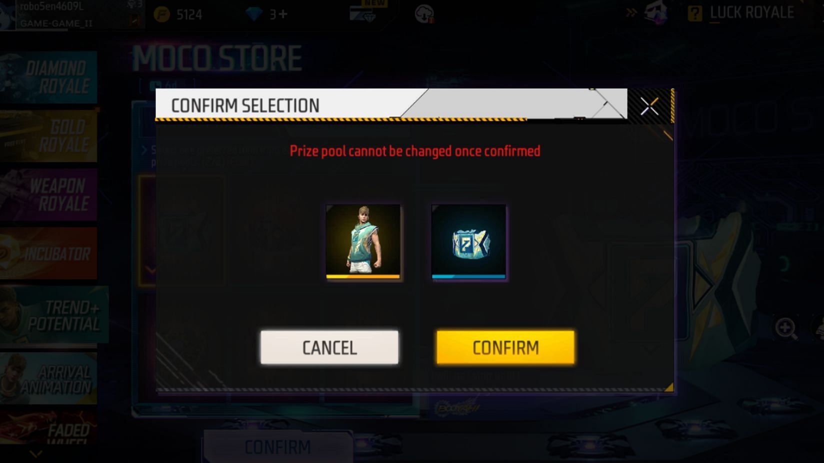 Confirm your selections to create a Moco Store prize pool (Image via Garena)