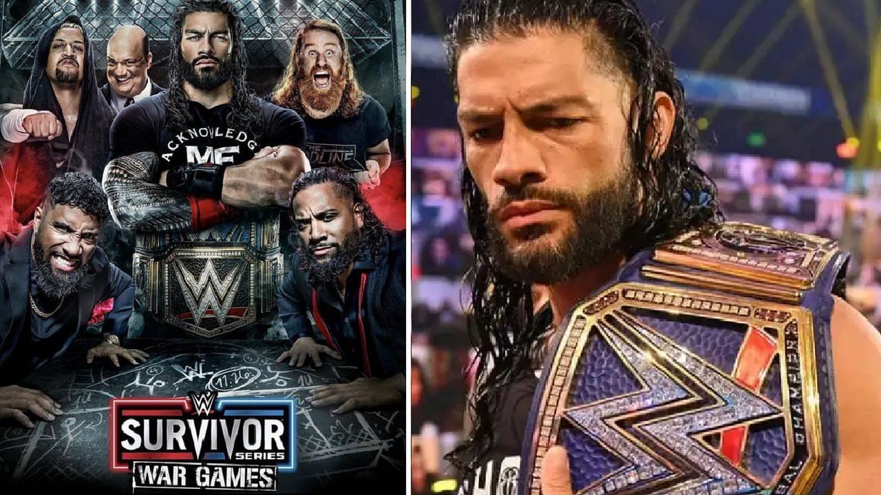 The Bloodline (left); Roman Reigns with the Universal title (right)