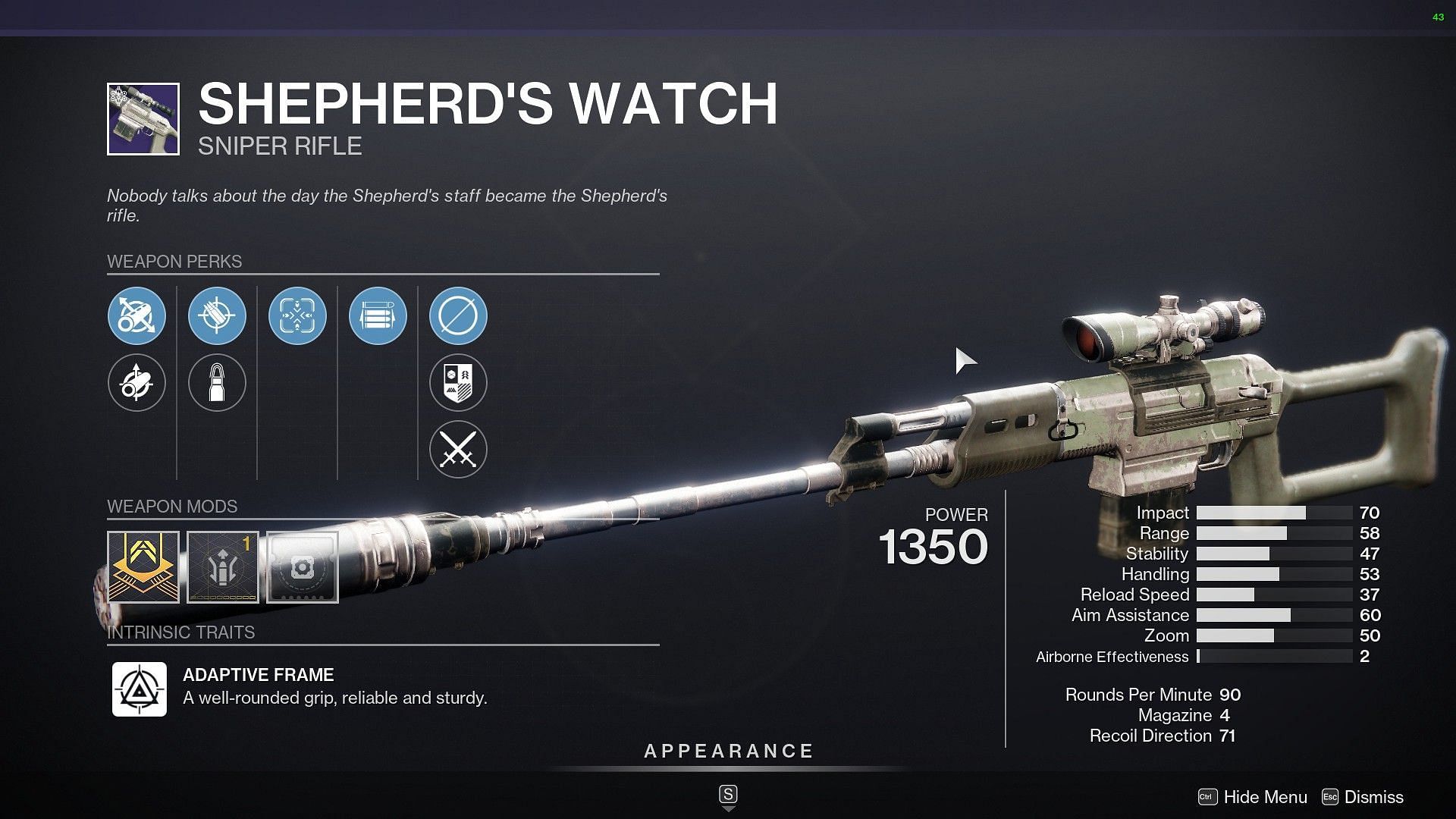 Shepherd&#039;s Watch Kinetic Sniper Rifle for sale this week from Banshee (Image via Destiny 2)