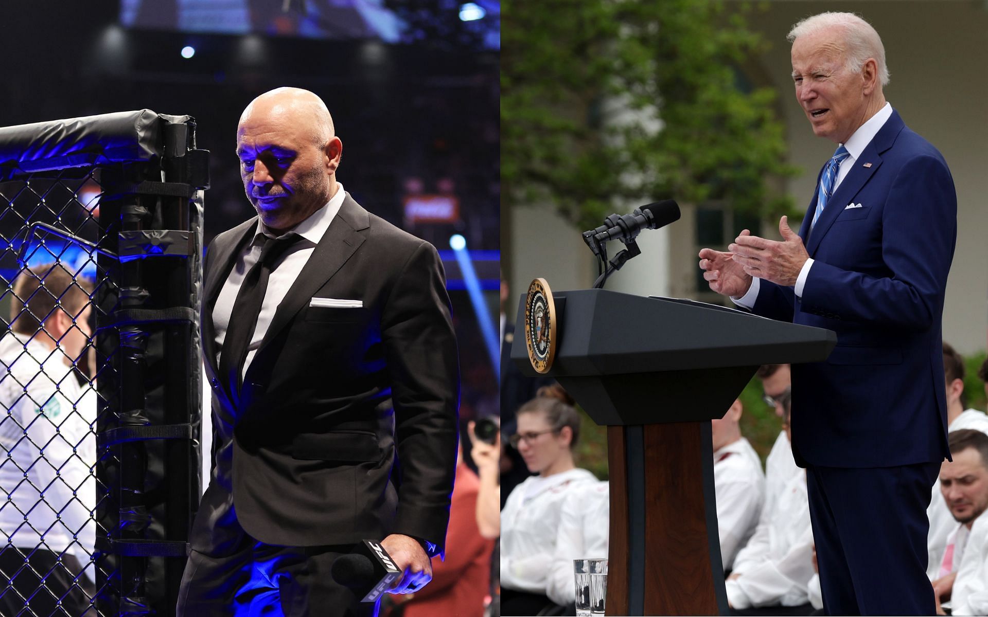 Joe Rogan (left); Joe Biden (right)