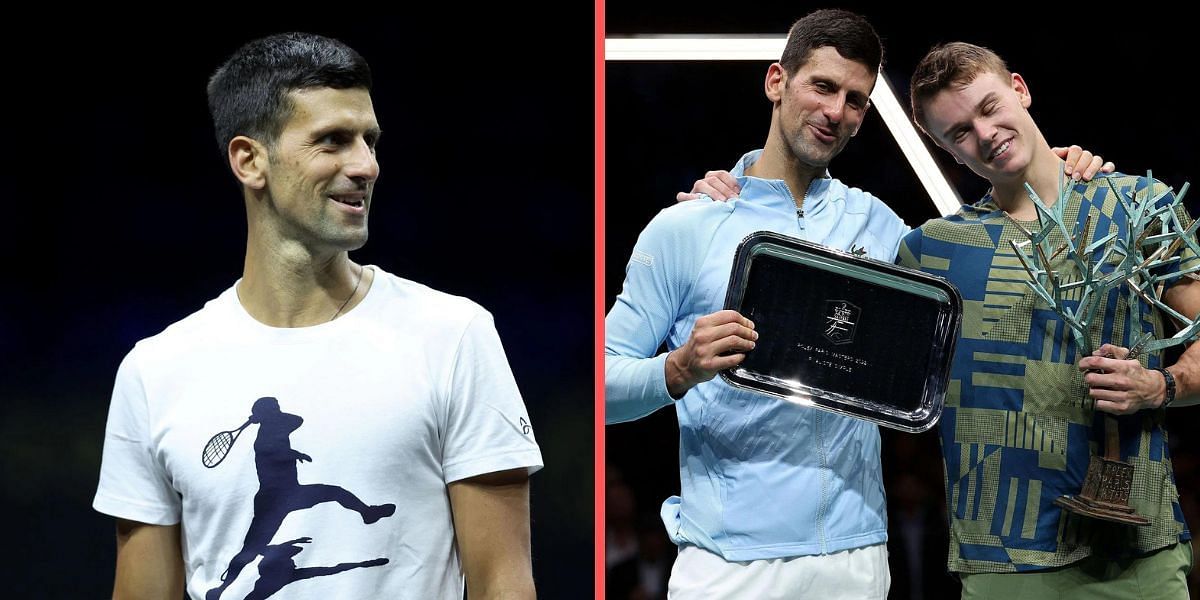 Novak Djokovic and Holger Rune at the 2022 Paris Masters (R).
