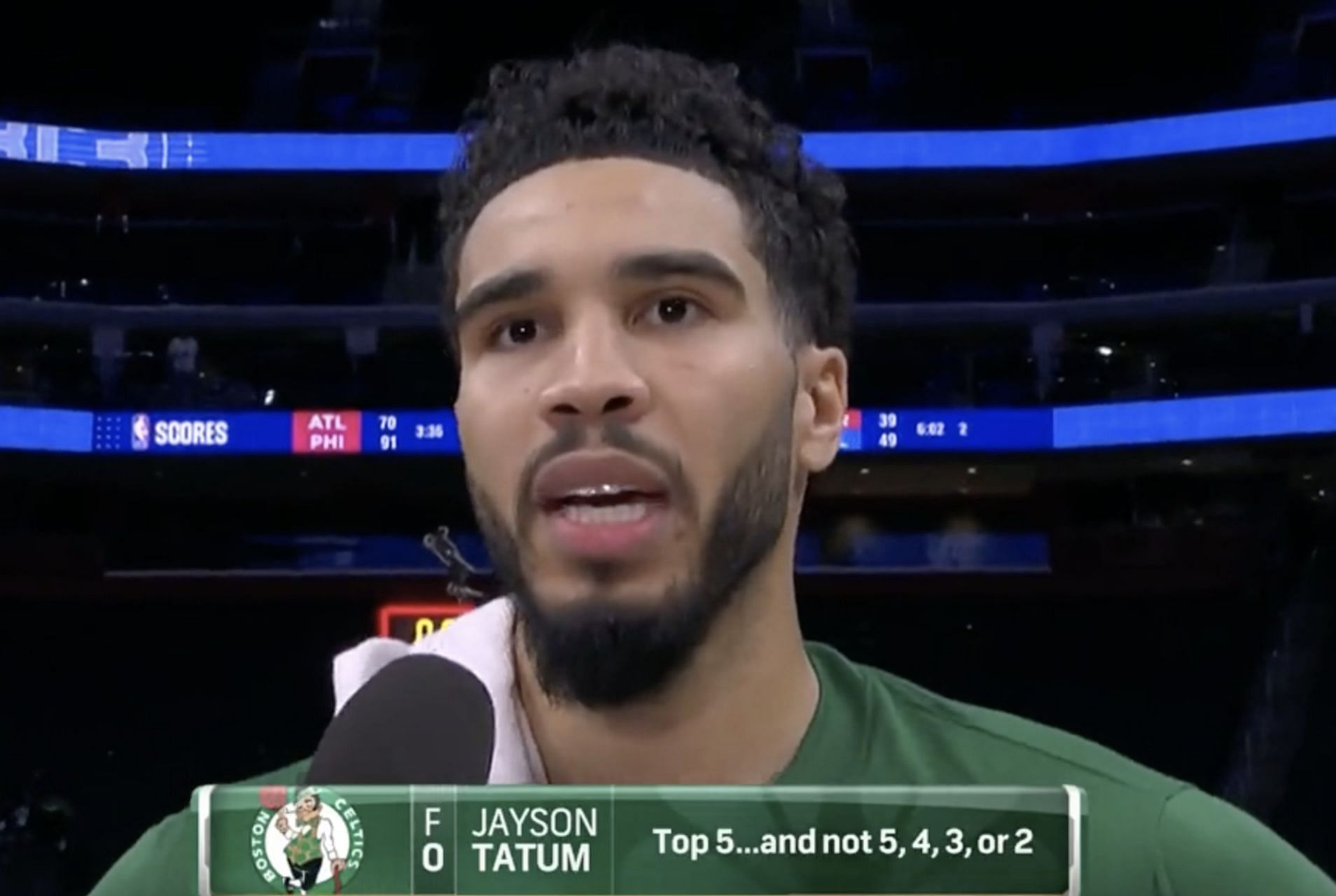 Jayson Tatum does an interview after the Boston Celtics-Detroit Pistons game [Photo via: Bleacher Report on Twitter]