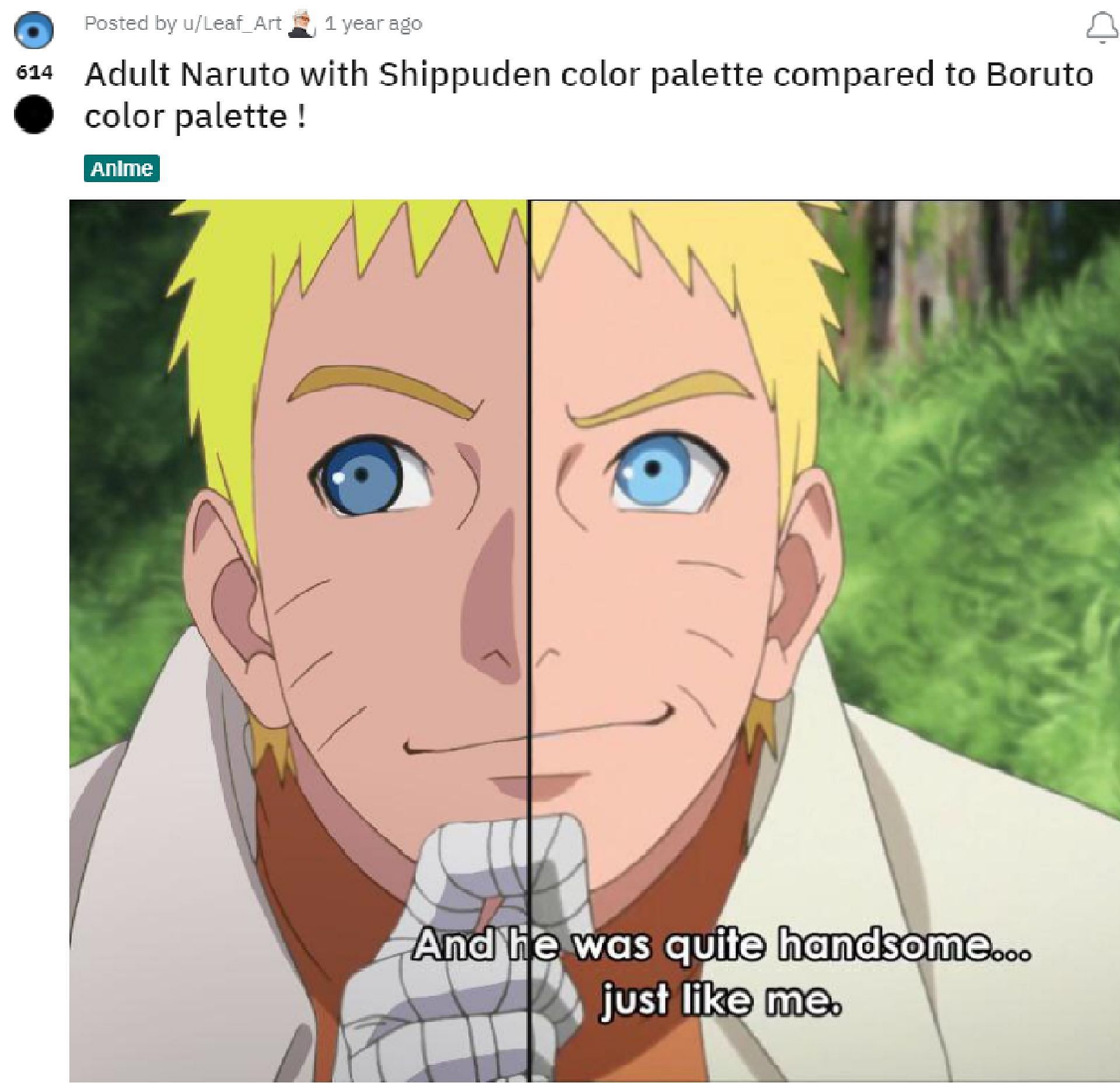 Naruto&#039;s design in Boruto but with Shippuden color palette (Image via Masashi Kishimoto/Posted by u/Leaf_Art)