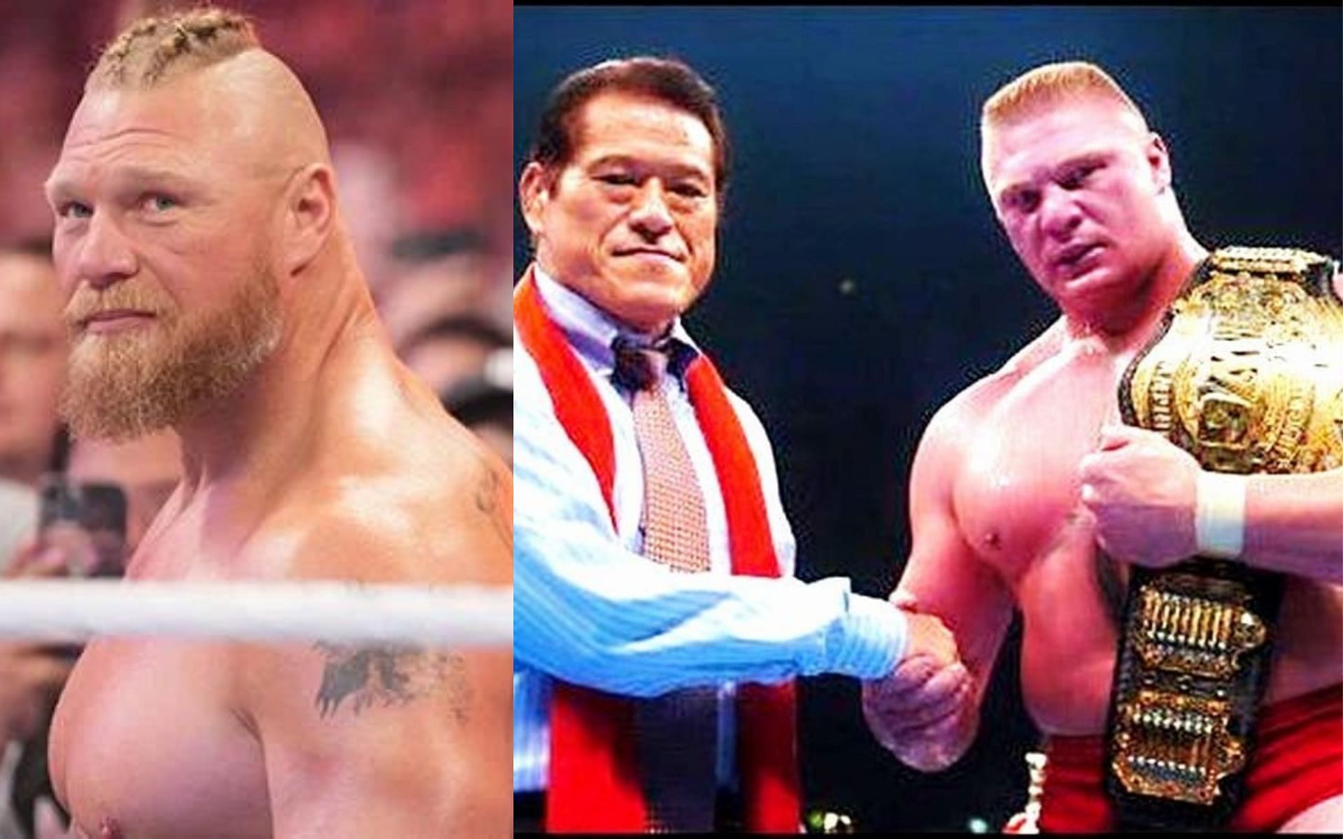 Brock Lesnar with Antonio Inoki and the IWGP Heavyweight title