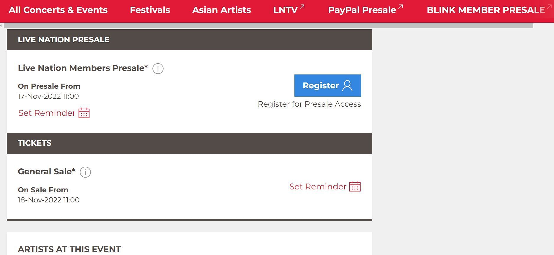 Singapore tickets&#039; sale (Image via Live Nation)