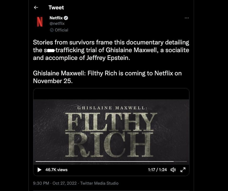 Ghislaine Maxwell: Filthy Rich is a follow up to Netflix&#039;s 2020 docuseries - Epstein (Image via Twitter/@Netflix)